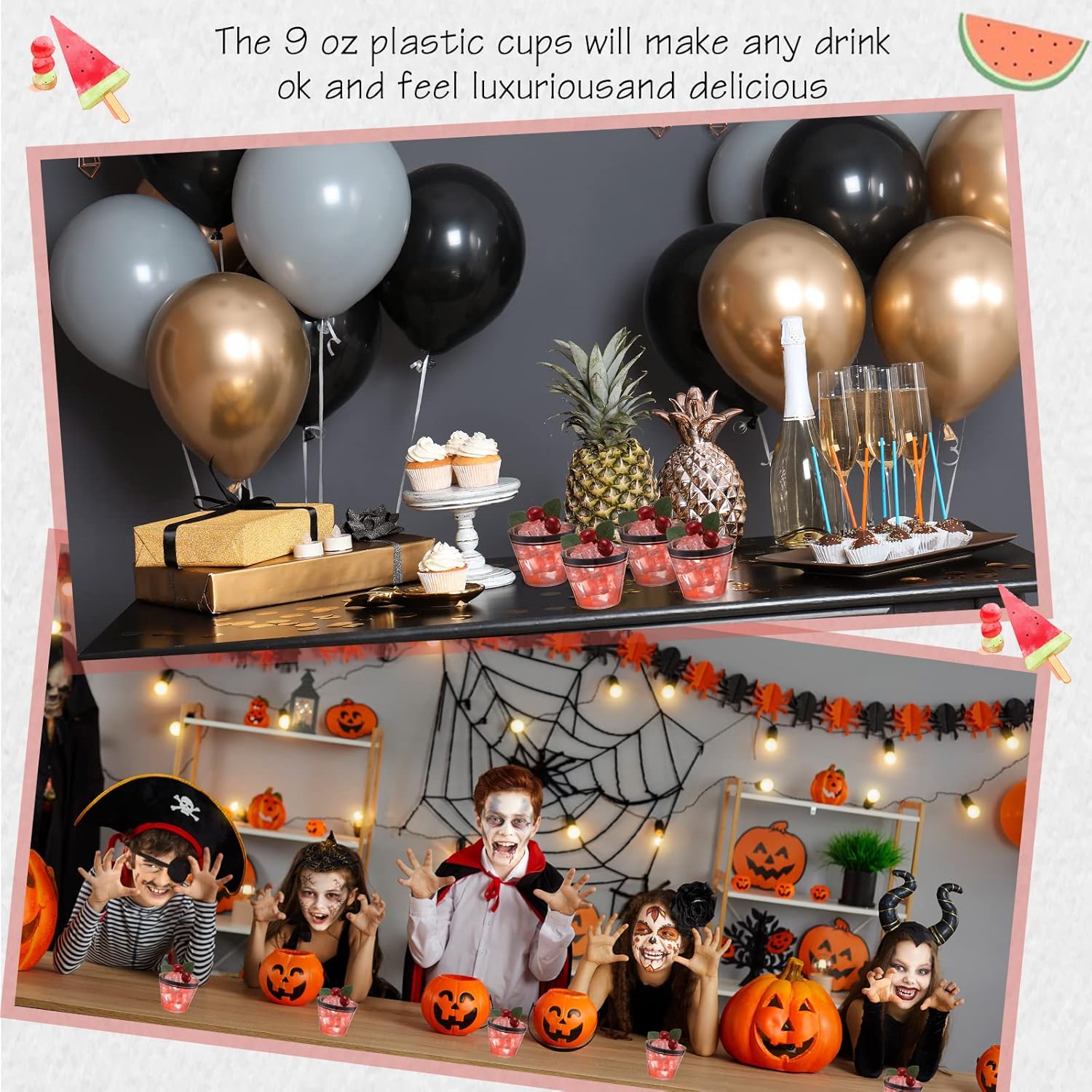 Skylety 100 Pcs Plastic Wine Cups 9 oz Disposable Clear Drinking Cup Wine Glasses Wedding Drinking Tumblers Plastic Cocktail Glasses for Halloween Christmas Graduation Birthday Bridal Party(Black)