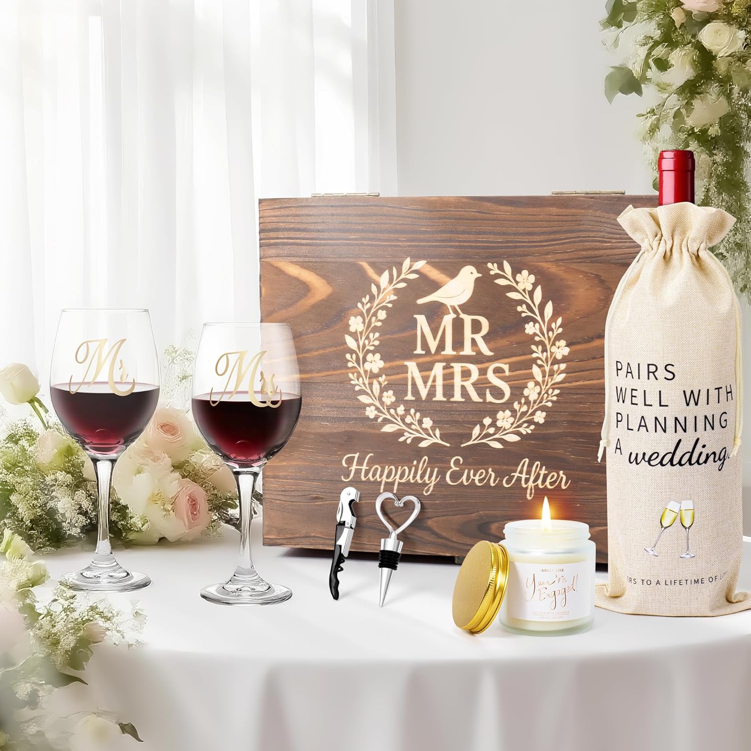 Mr and Mrs Engagement Gifts for Couples, Bridal Shower Gift, Wedding Gifts for Newlywed – Wine Glasses Set of 2, Wine Stopper and Opener, Wine Bag, Scented Candle, Engraved Wooden Keepsake Box