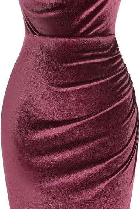 ZAFUL Womens Sleeveless Velvet Cocktail Dresses Cowl Neck Party Midi Wedding Guest Dress Ruched Slit Bodycon Dress