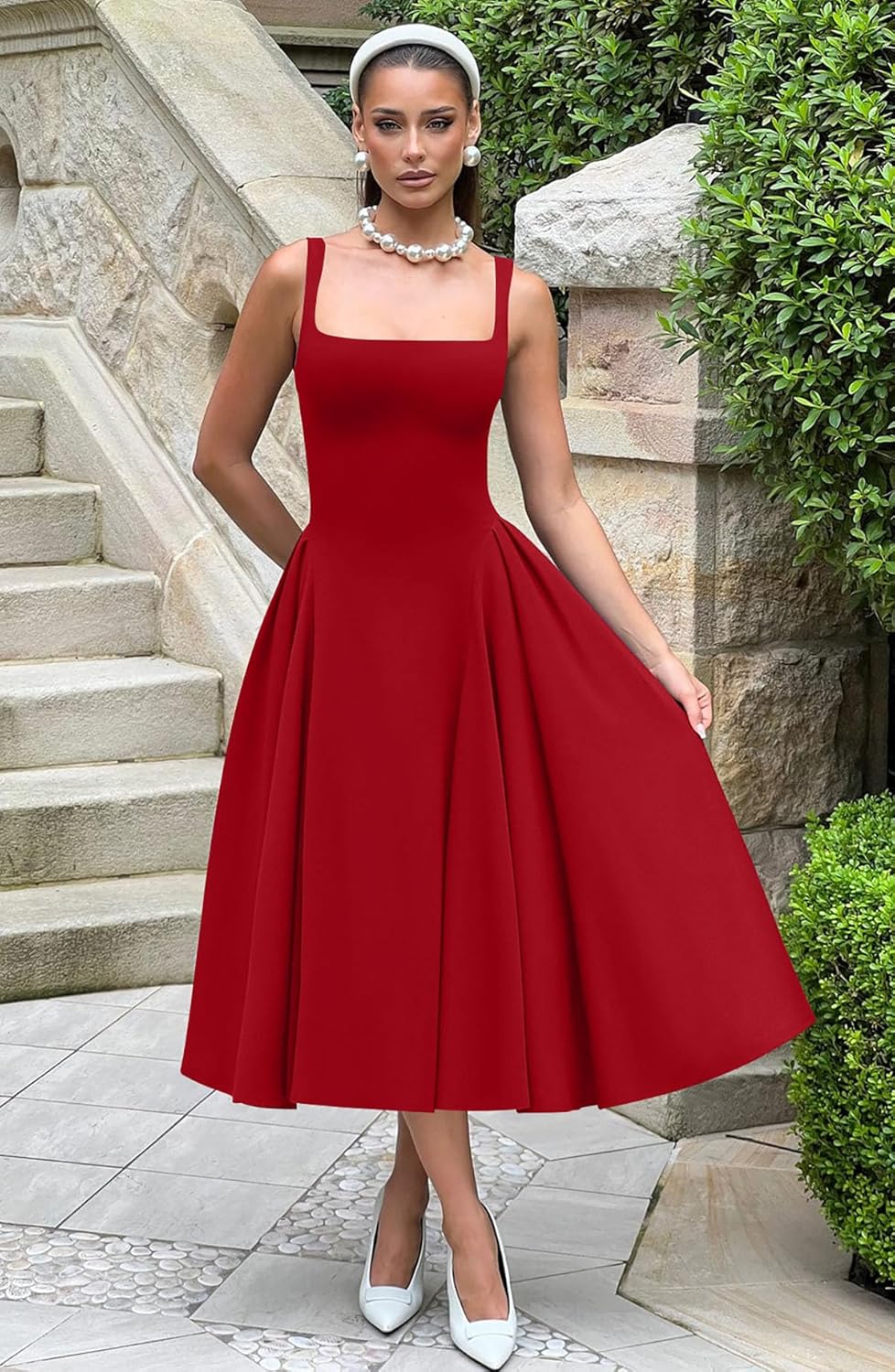 Memoriesea Women’s Elegant Square Neck Swing A Line Wedding Evening Party Midi Dress