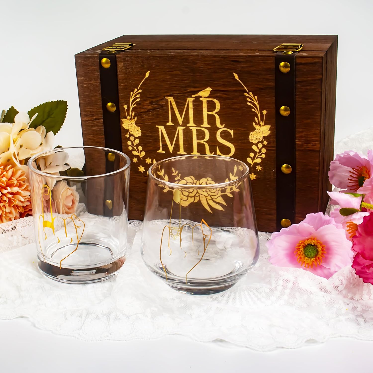 Melonva Wedding Keepsake Box With Gold Wine Glasses – Engagement Gifts for Couples 2024 – Memory Box for Newly Engaged Fiance (Rings), Normal