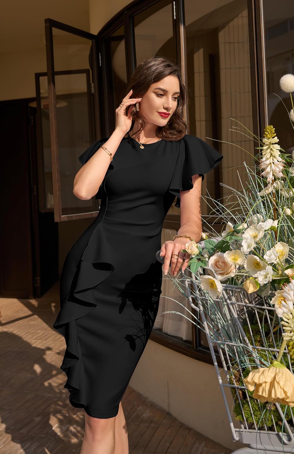 Memoriesea Women’s Vintage Church Ruffle Sleeve Ruched Bodycon Work Midi Pencil Dress