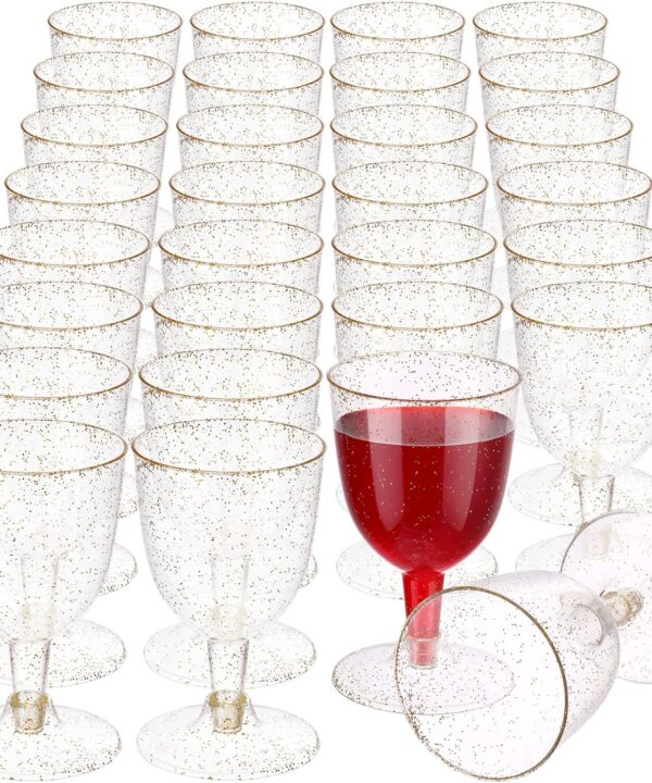 meekoo 50 Pcs 5.7oz / 170ml Disposable Plastic Wine Glasses, Gold Glitter Champagne Goblets Cocktail Cups for Weddings Birthday Bridal Shower Halloween Thanksgiving Christmas Party Outdoor Gatherings