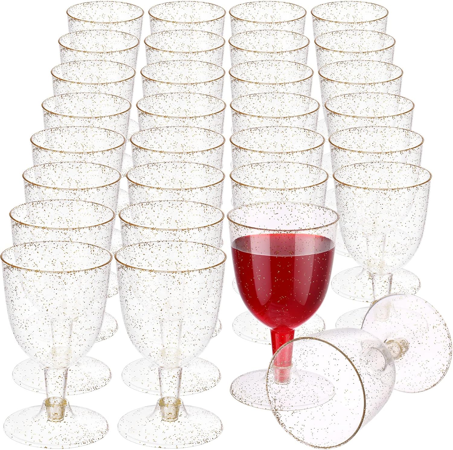 meekoo 50 Pcs 5.7oz / 170ml Disposable Plastic Wine Glasses, Gold Glitter Champagne Goblets Cocktail Cups for Weddings Birthday Bridal Shower Halloween Thanksgiving Christmas Party Outdoor Gatherings