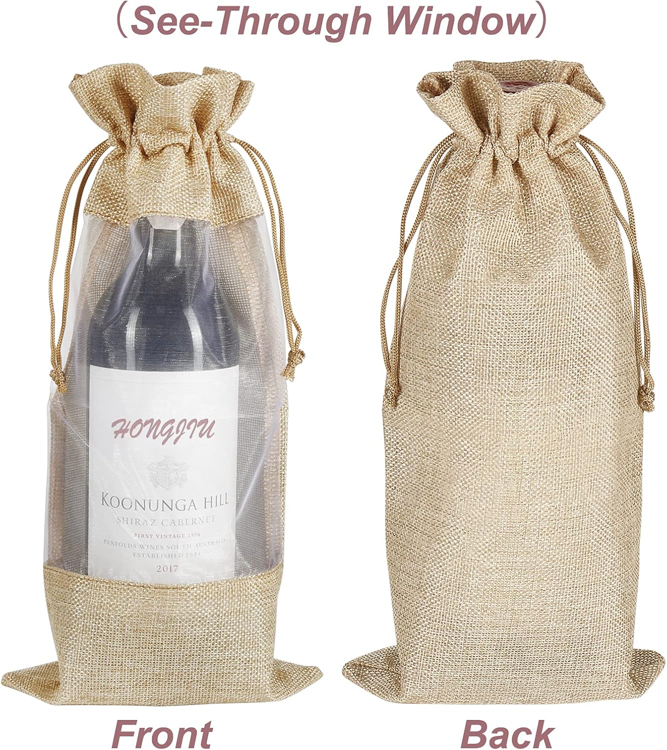 Wine Gift Bags, 10pcs Burlap Jute Bottle Bags 750ml with Sheer Window Organza Hessian Drawstring Pouches for Wedding Festival Wine Tasting Party Favors (14 x 6.3 inches)