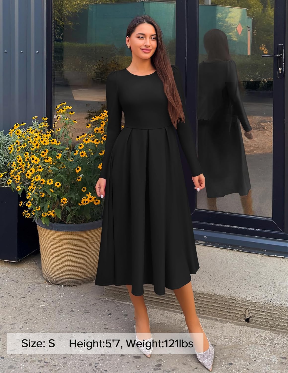 ZESICA Women’s Long Sleeve Midi Dresses 2025 Fall Elegant Crewneck Swing A Line Wedding Guest Party Dress with Pockets