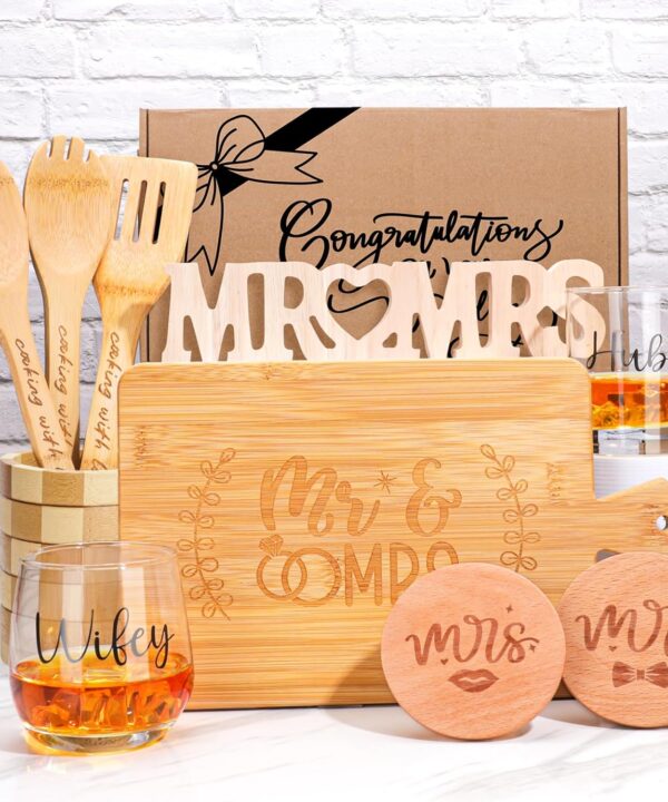 Wedding Gifts,Valentines Day Gifts for Couples,Bridal Shower Wedding gifts,Engagement Gifts for Couples,Mr and Mrs Gifts,Wedding Gift Baskets Cutting Board Wine Glass Covers