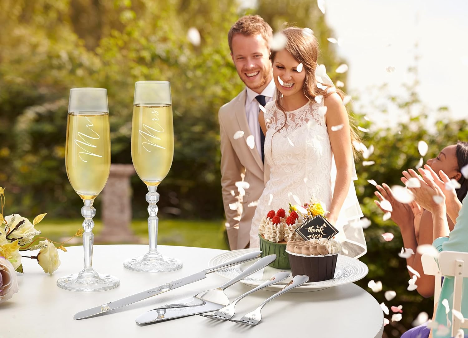 Wedding Cake Knife and Server Set with Forks, Classical Style Crystal Champagne Flutes Toasting Glasses for Bride and Groom, Wedding Gifts for Couples, Engagement and Bridal Shower Gifts