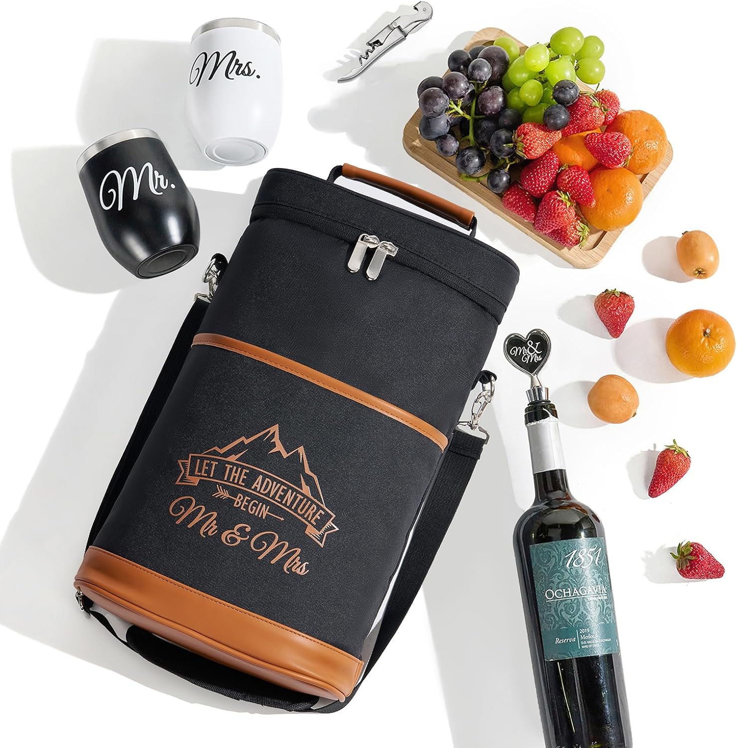 AW BRIDAL Wedding Gifts for Bride Groom, Mr and Mrs Wine Gift Basket for Engagement Bachelorette Party, Anniversary Insulated Wine Cooler Bag Tumblers with Accessories Set for Honeymoon Beach Travel
