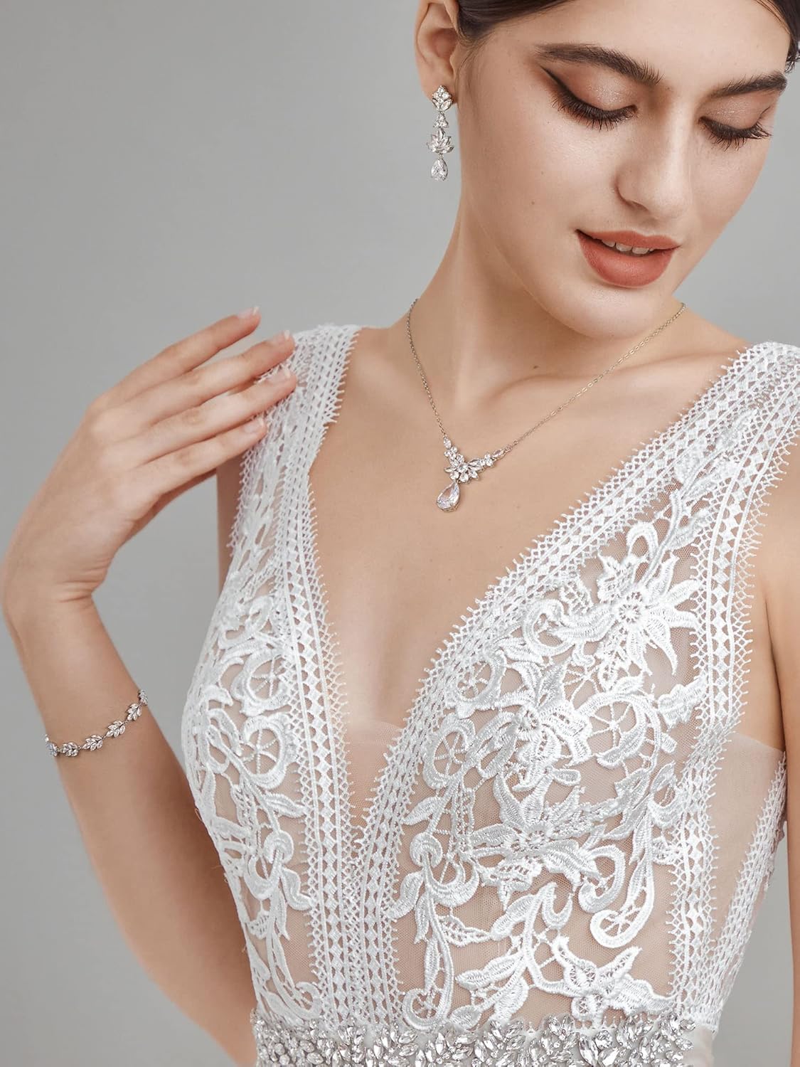 SWEETV Teardrop Wedding Bridal Jewelry Set for Brides Women Bridesmaid, Crystal Rhinestone Backdrop Necklace Earring Sets for Prom