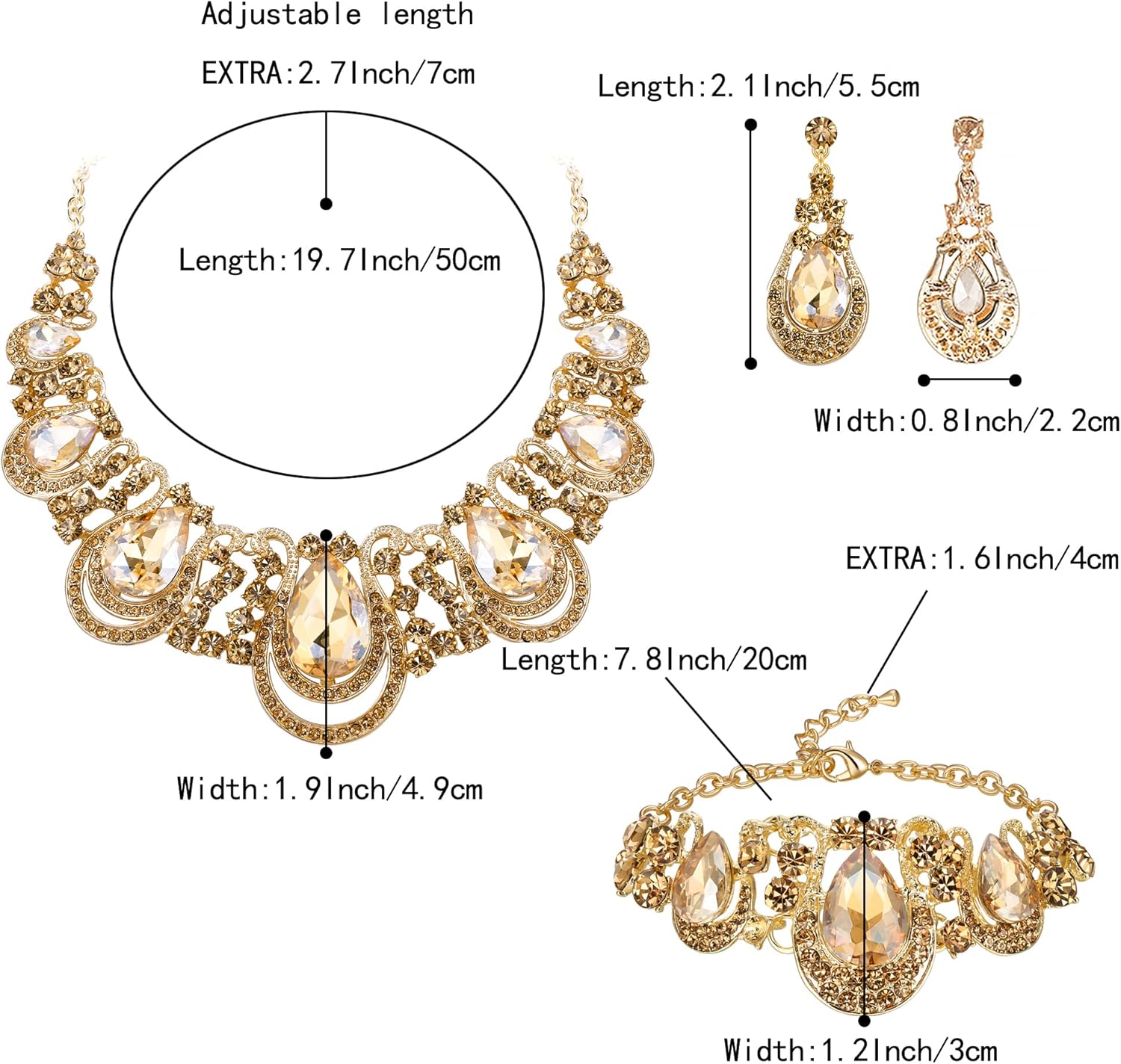 BriLove Women’s Teardrop Crystal Statement Necklace Cluster Hollow Dangle Earrings Chain Bracelet Bib Jewellery Set for Wedding Bride Bridesmaid