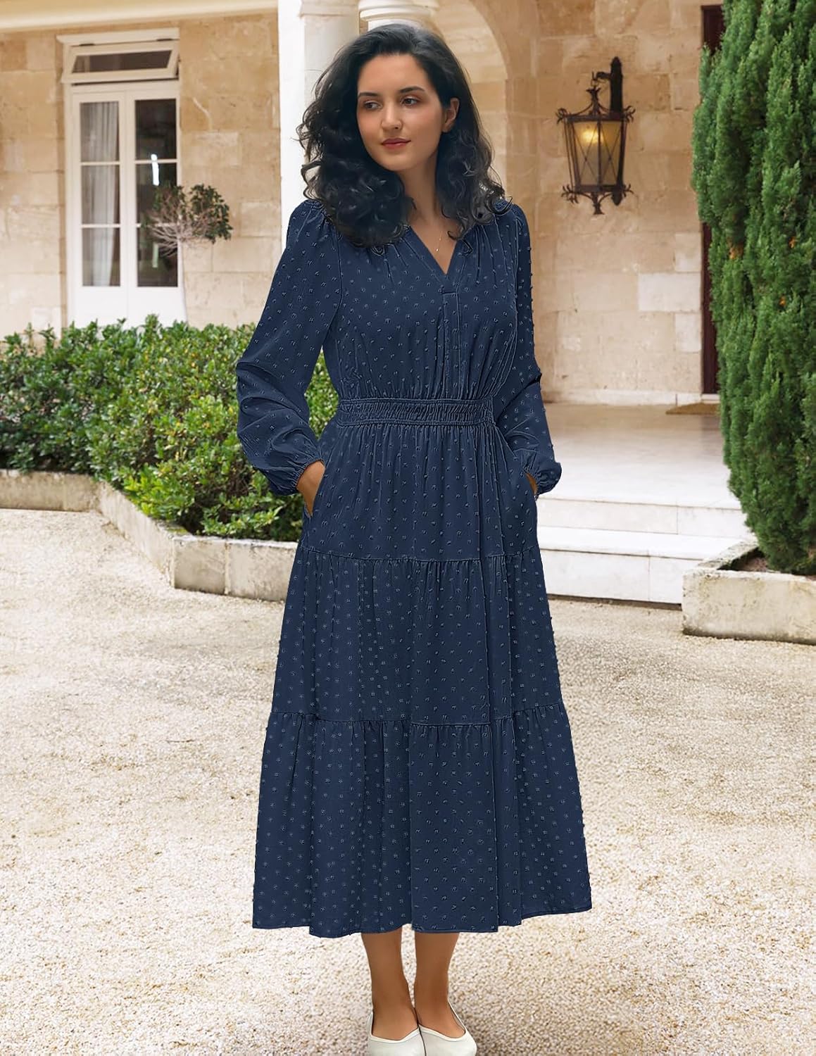 MEROKEETY Women’s Fall Long Sleeve Maxi Dress 2025 Boho Ruffle Tiered Swiss Dots Wedding Guest Cocktail Long Dresses