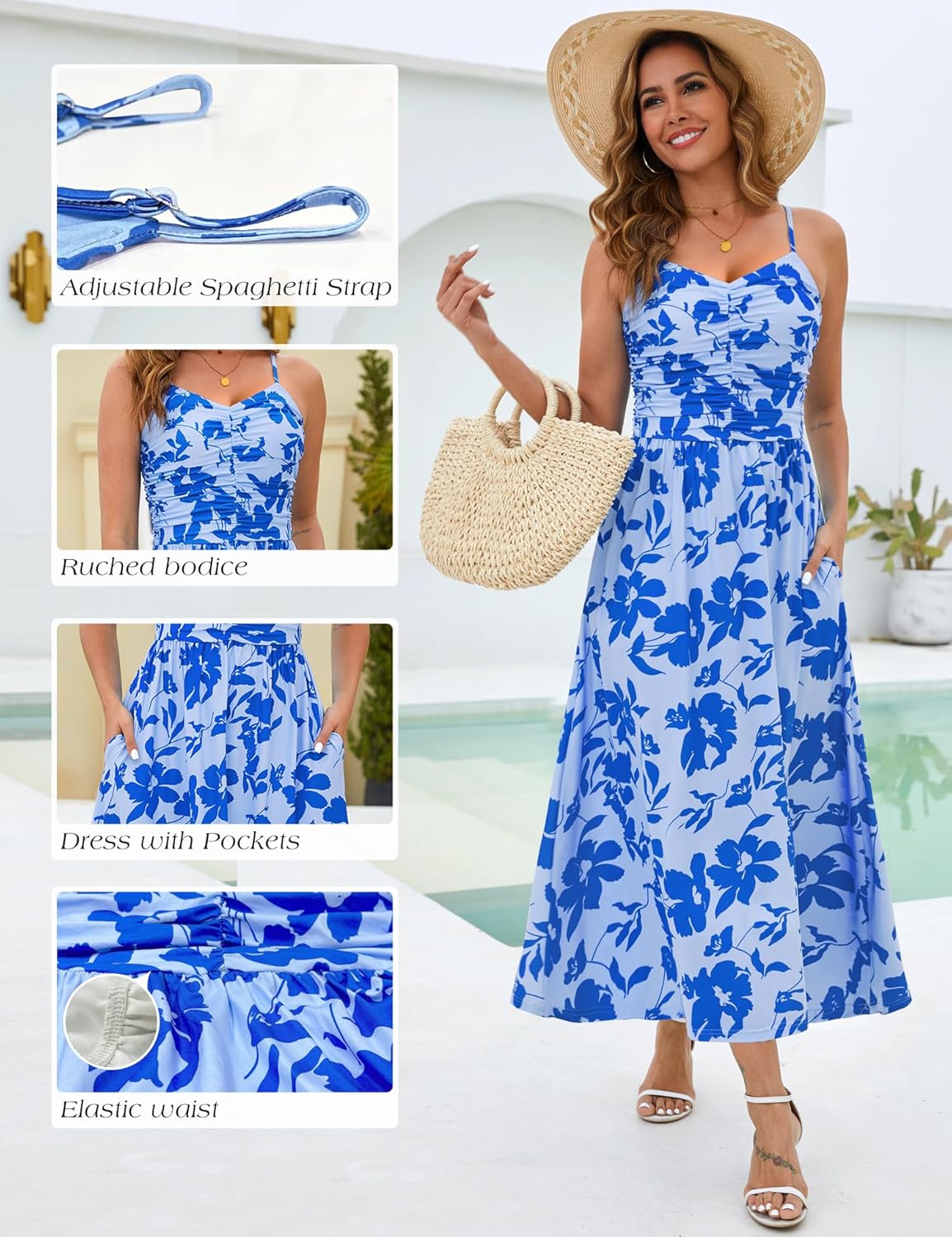 Annebouti Women 2025 Summer Fall Ruched Maxi Dress Adjustable Spaghetti Strap Floral Beach Long Sundress with Pockets