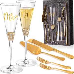 Wedding Cake Knife and Server Set, Bride and Groom Champagne Glasses and Gold Cake Cutting Set for Wedding, Cake Cutter and Champagne Flutes Glass for Mr and Mrs Gifts for Coples (Gold)