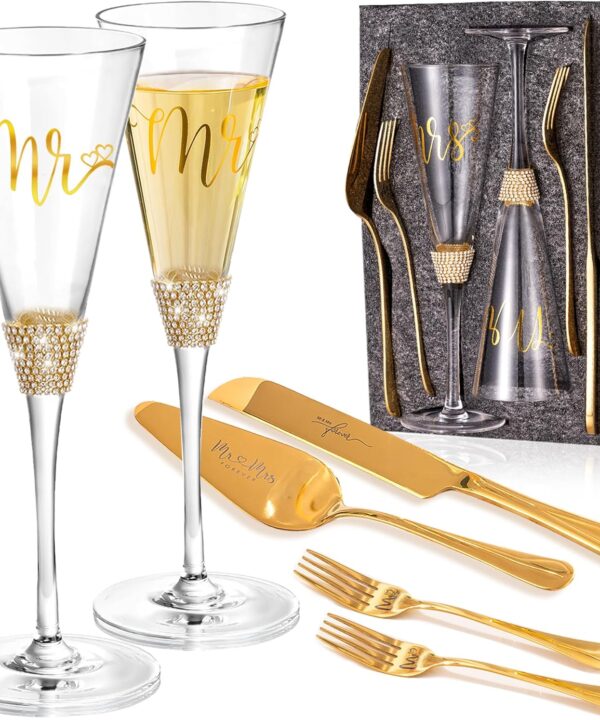 Wedding Cake Knife and Server Set, Bride and Groom Champagne Glasses and Gold Cake Cutting Set for Wedding, Cake Cutter and Champagne Flutes Glass for Mr and Mrs Gifts for Coples (Gold)