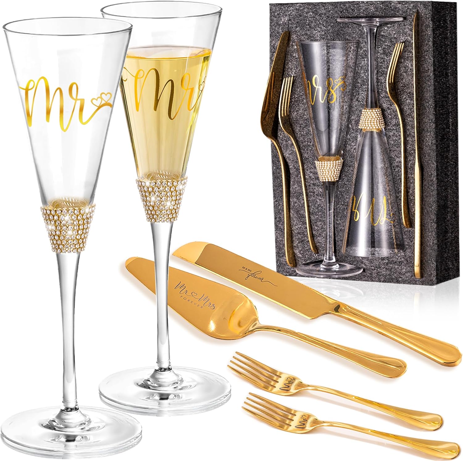 Wedding Cake Knife and Server Set, Bride and Groom Champagne Glasses and Gold Cake Cutting Set for Wedding, Cake Cutter and Champagne Flutes Glass for Mr and Mrs Gifts for Coples (Gold)