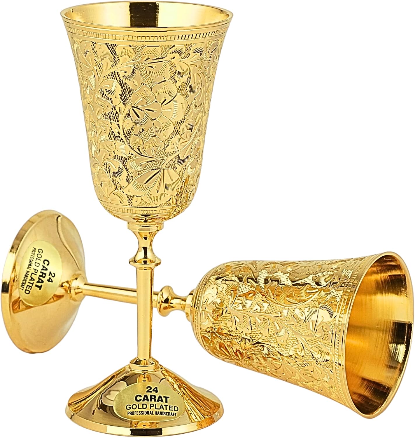 24K Gold Plated Chalice Goblets, Engraved Wedding Champagne Flute for Bride & Groom Toasting Brass Wine Glass Metal Cup Set of 2, Vintage Gift For Marriage Anniversary, Engagement Couple, Clients