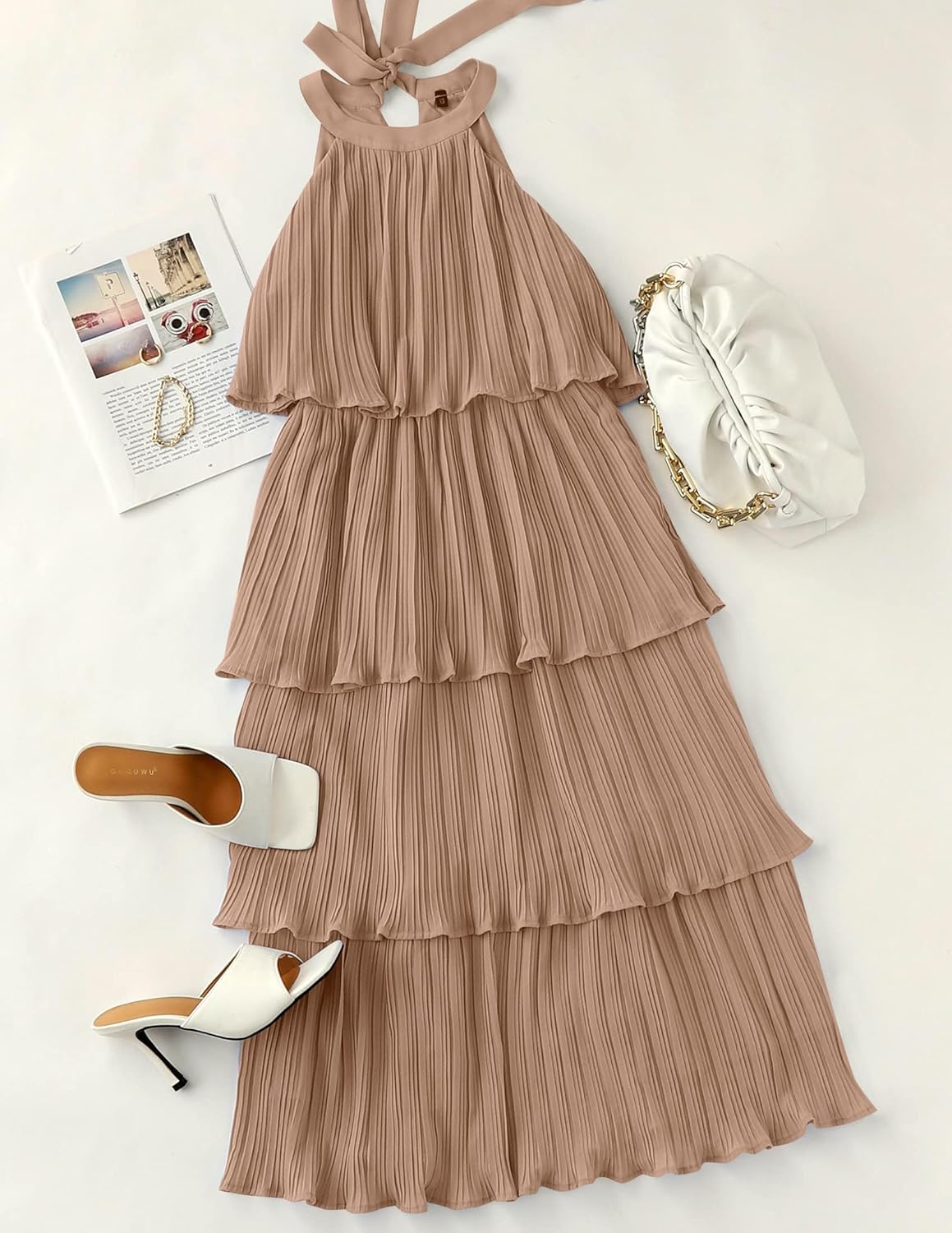 ZESICA Women’s 2025 Summer Sleeveless Halter Neck Ruffle Tiered Layed Chiffon Flowy Swing Long Midi Dress