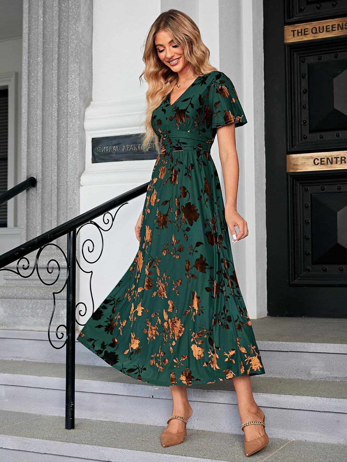 Simplee Womens V Neck Velvet Maxi Dress Short Sleeve Empire Waist Long Formal Dress for Wedding Guest