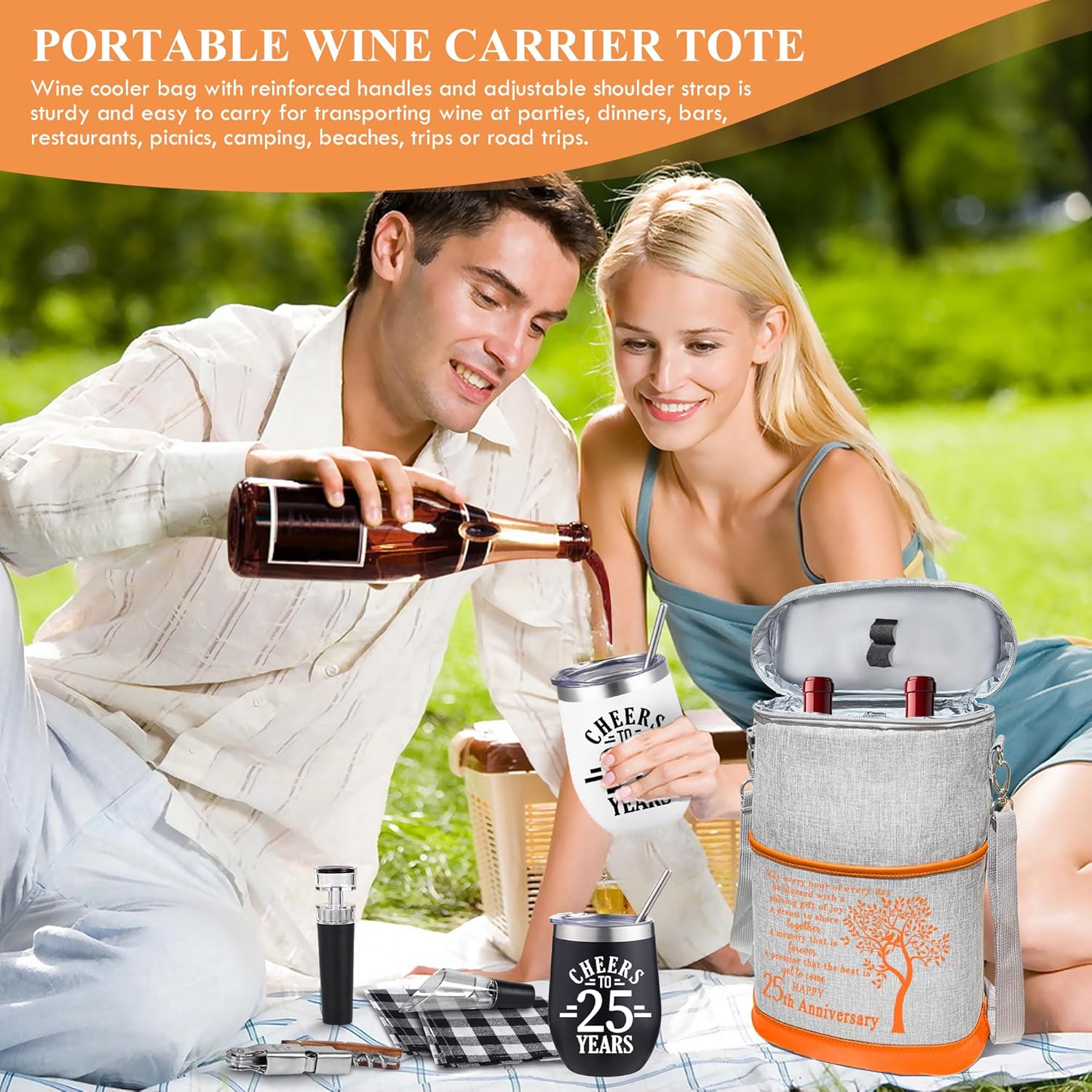 25th Anniversary Wine Cooler Bag Gift for Couples, Wedding Gifts for Parents, Friend, Her, Him, 25 Years Mr. & Mrs Insulated Cooler Tote, Tumbler and Accessories