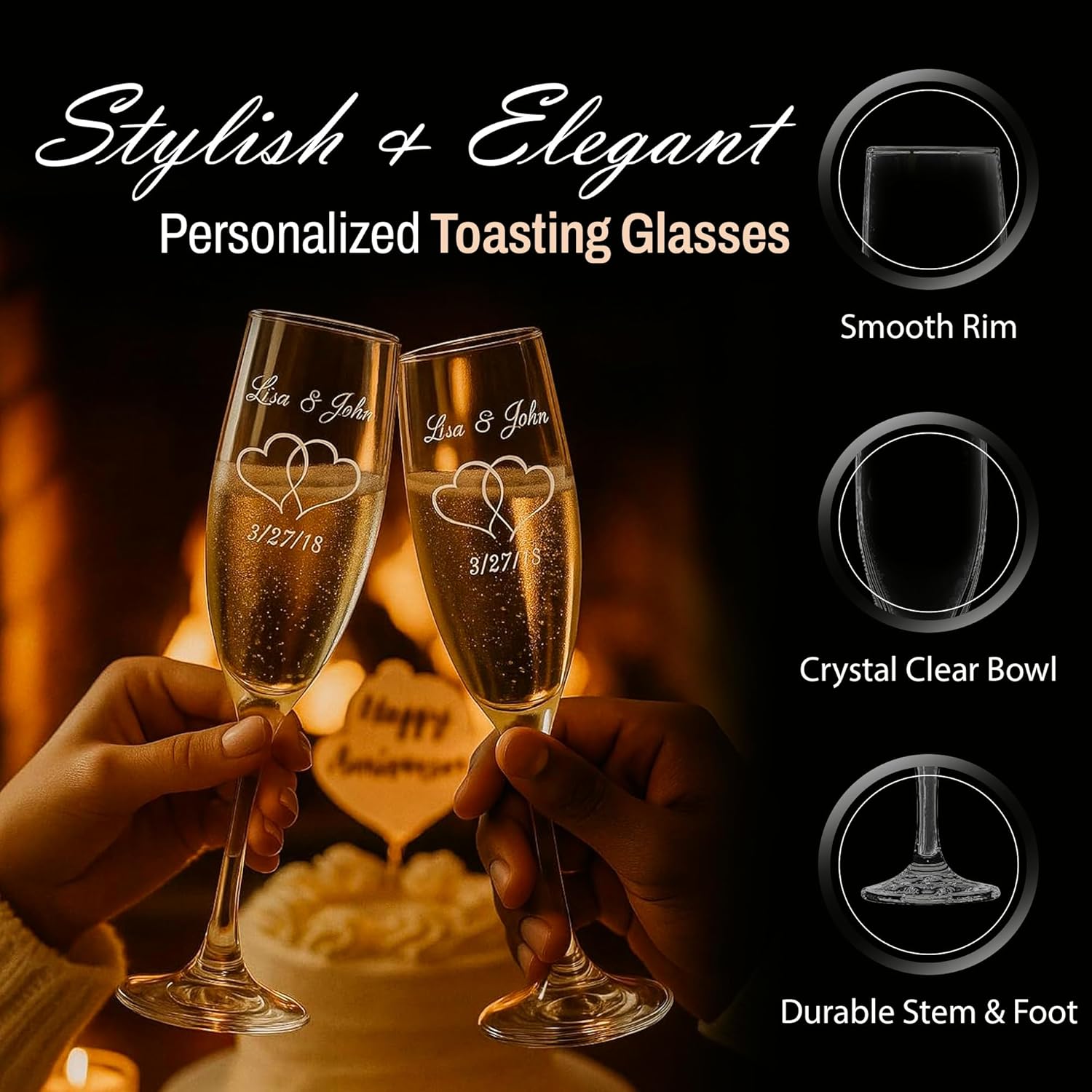 GIFTS INFINITY Engraved Double Heart Champagne Flutes Set of 2 Personalized Elegant Toasting Glasses for Weddings, Anniversaries, Romantic Celebrations, Valentines Day, and Special Moments(Fl-12)