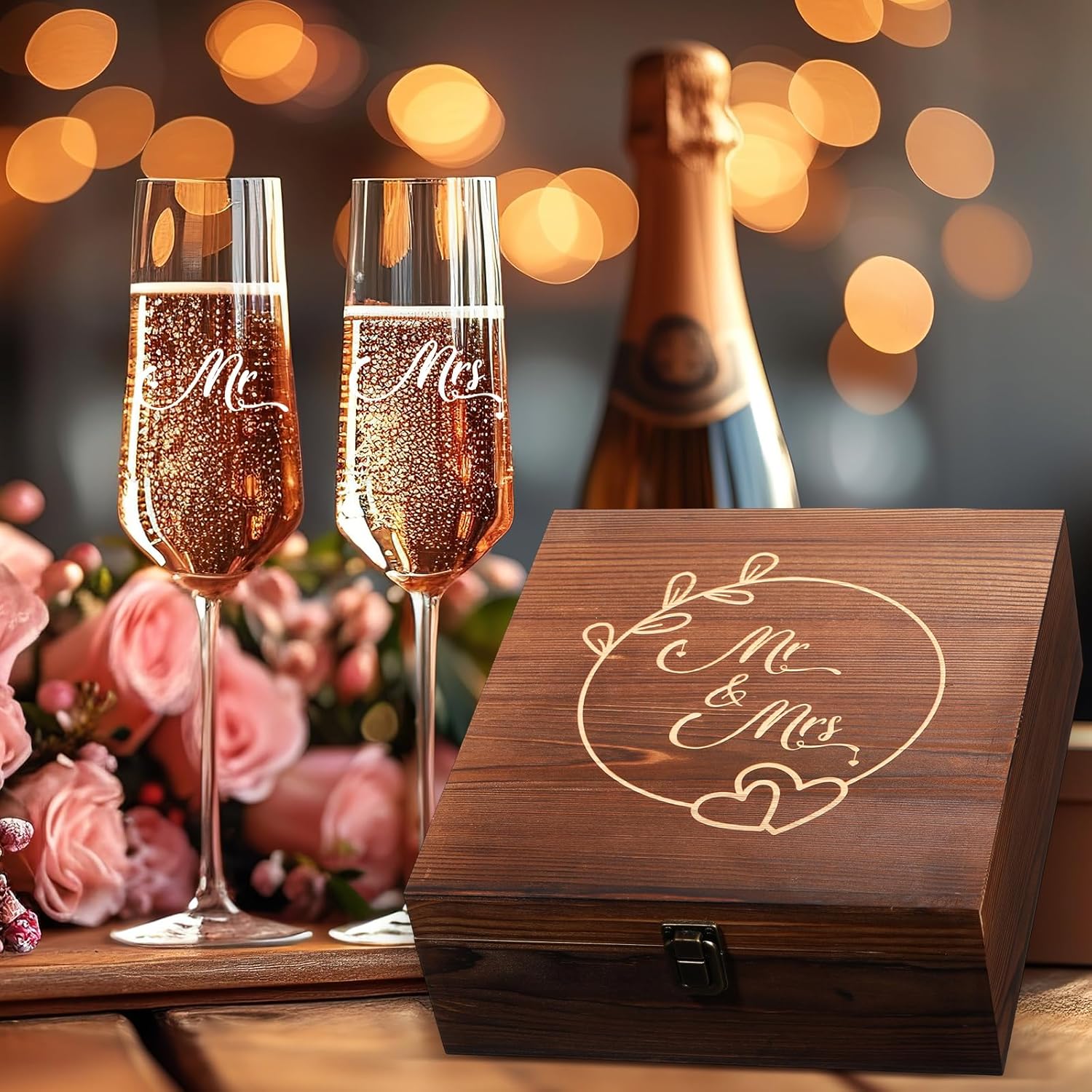 LemonRoad Wedding Gift Newlyweds Champagne Flute Set of 2 Bridal Shower Champagne Glasses Wine Opener Wine Stopper with Engraved Wooden Keepsake Box Engagement Gift for Couples(Mr & Mrs)