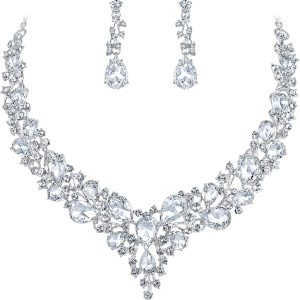 BriLove Women's Wedding Bridal Austrian Crystal Teardrop Cluster Statement Necklace Dangle Earrings Jewelry Set