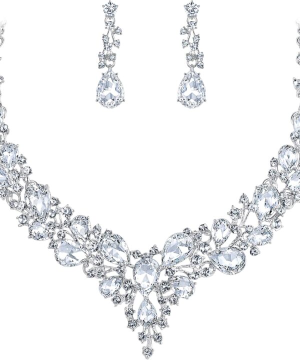 BriLove Women's Wedding Bridal Austrian Crystal Teardrop Cluster Statement Necklace Dangle Earrings Jewelry Set