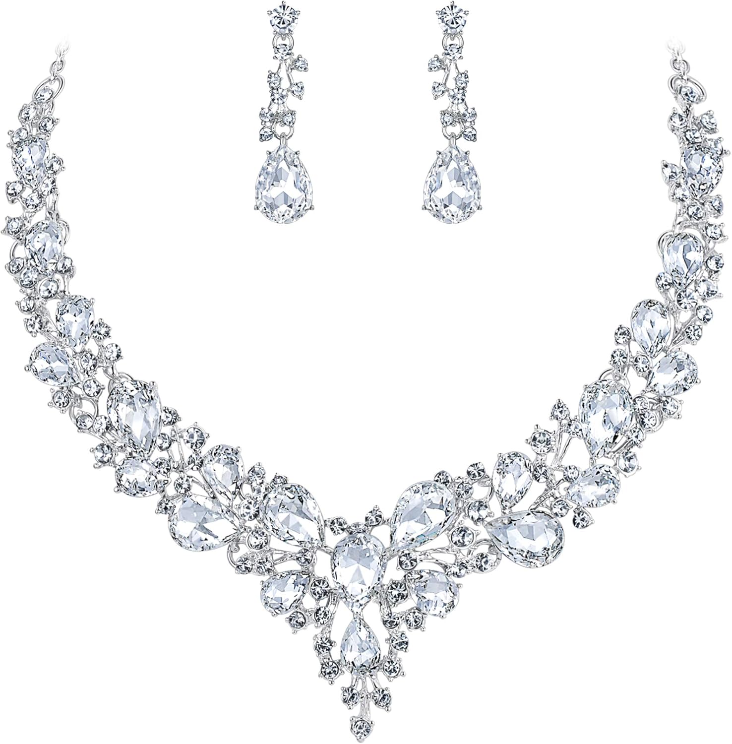 BriLove Women's Wedding Bridal Austrian Crystal Teardrop Cluster Statement Necklace Dangle Earrings Jewelry Set