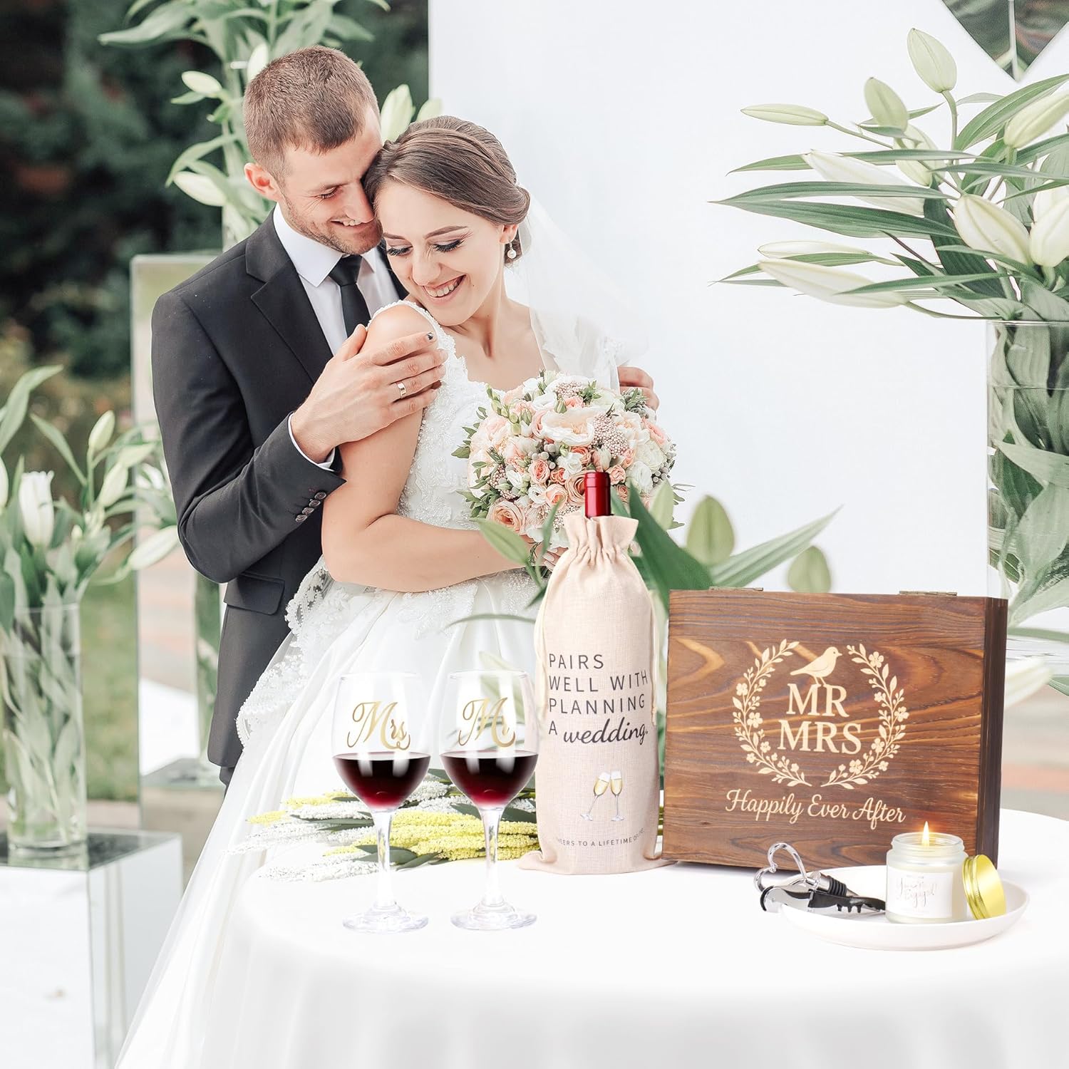 Mr and Mrs Engagement Gifts for Couples, Bridal Shower Gift, Wedding Gifts for Newlywed – Wine Glasses Set of 2, Wine Stopper and Opener, Wine Bag, Scented Candle, Engraved Wooden Keepsake Box