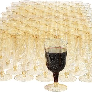 MATANA 50 Gold Glitter Plastic Wine Glasses for Weddings, Birthdays, Bridal Shower & Parties, 6oz - Sturdy & Reusable