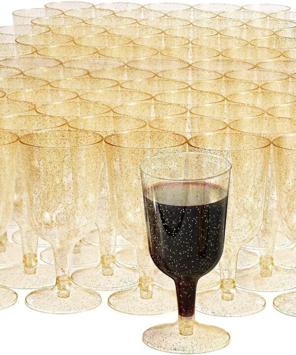MATANA 50 Gold Glitter Plastic Wine Glasses for Weddings, Birthdays, Bridal Shower & Parties, 6oz - Sturdy & Reusable