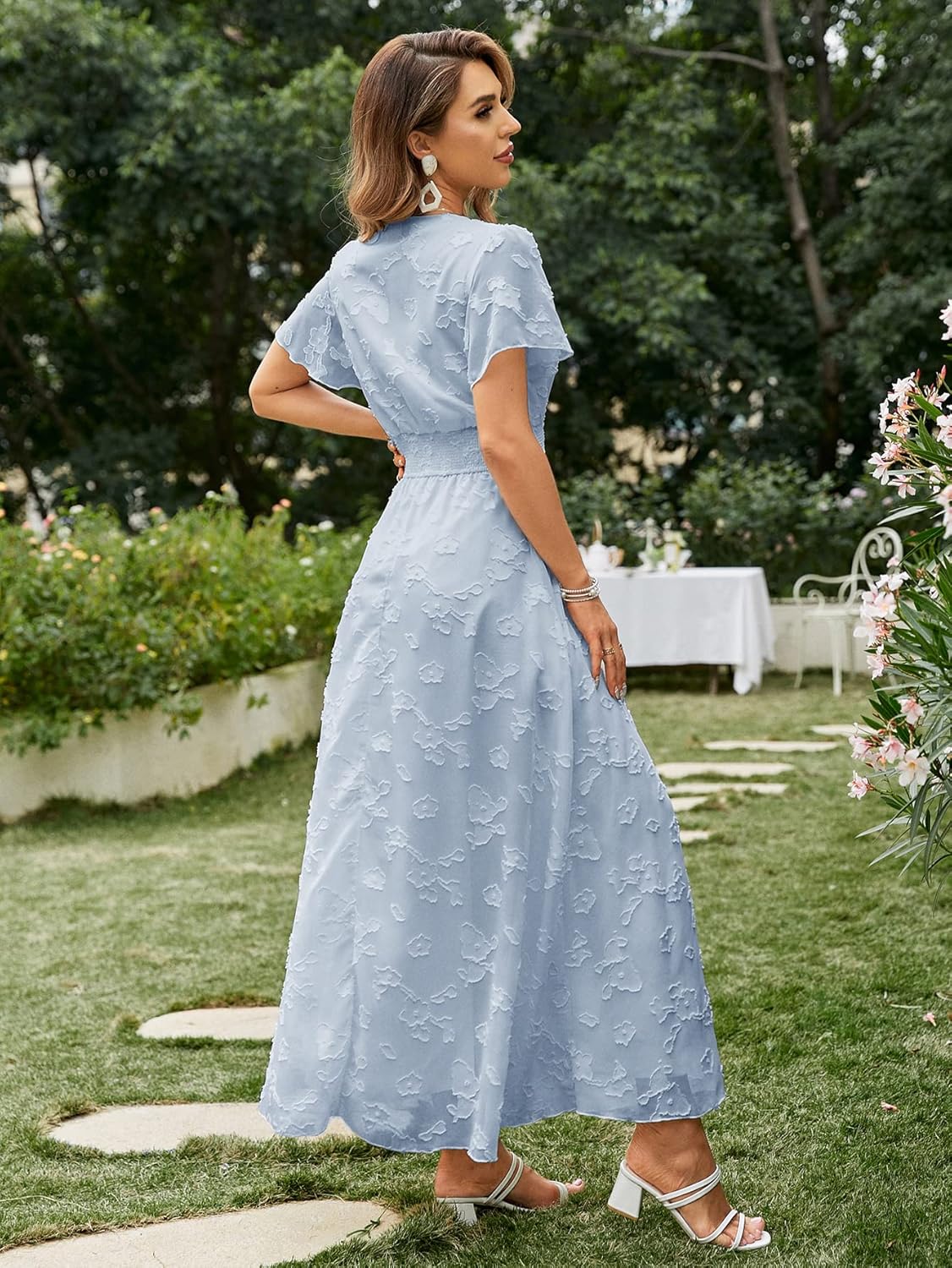 Simplee Women’s Boho Floral Maxi Dress Flowy Casual V Neck Short Sleeve Wedding Guest Holiday Beach Long Dress