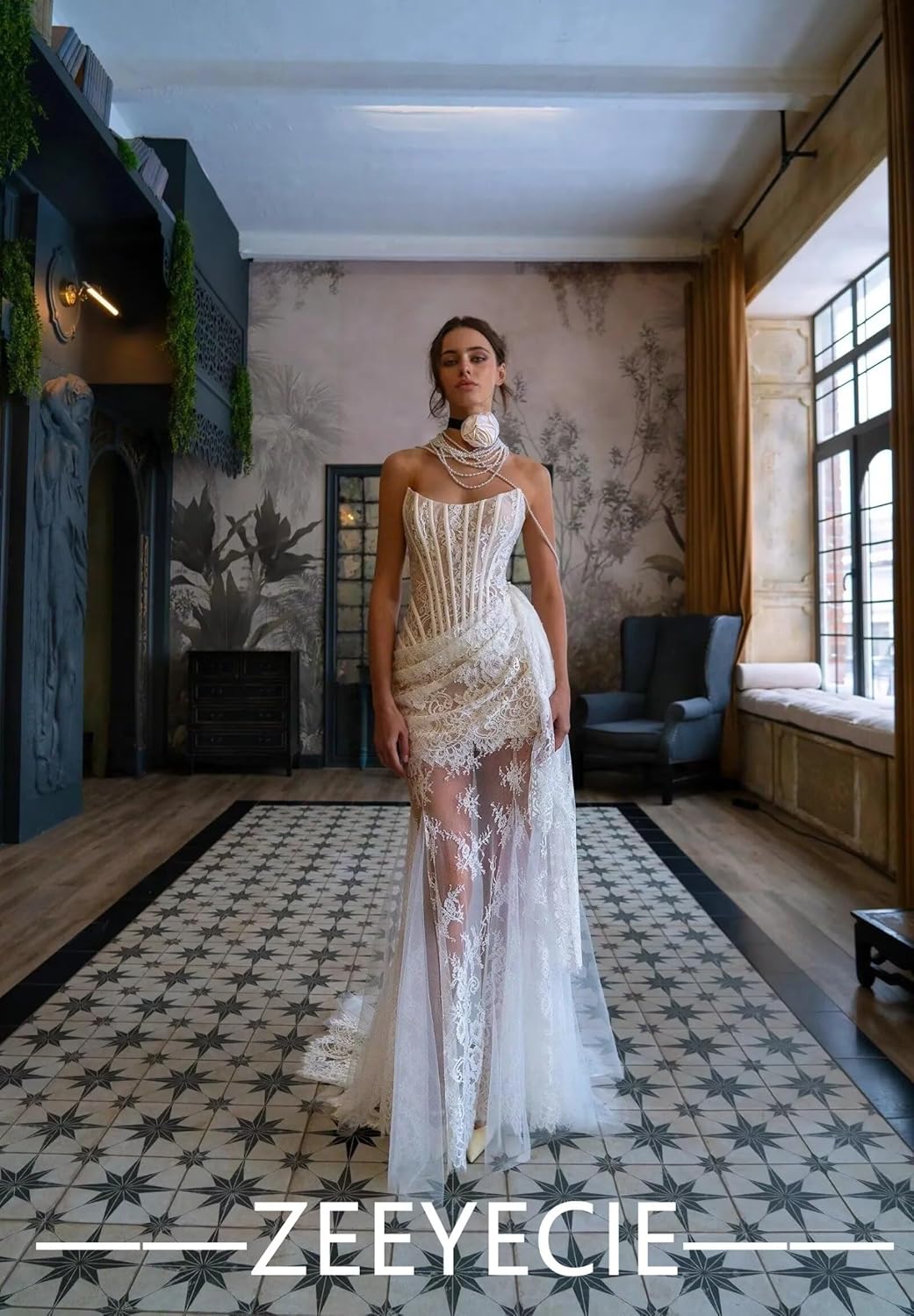 Zeeyecie Strapless Lace Applique Tulle Wedding Dresses 2025 Mermaid Bridal Gowns with Detachable Train for Brides