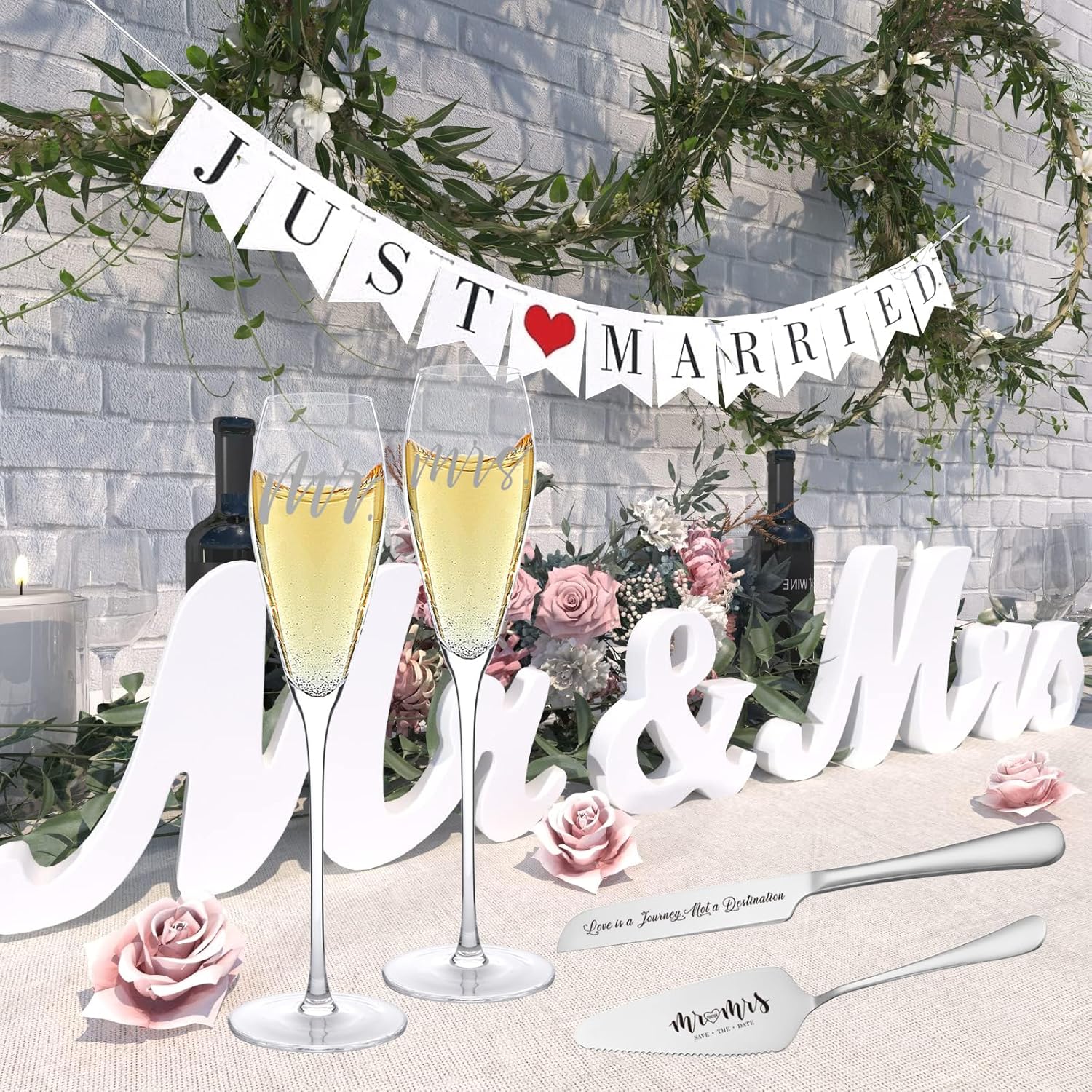 Engraved Mr and Mrs Champagne Flutes with Wooden Sign Set,Toasting Glasses for Bride and Groom,Wedding Cake Knife and Server Set with Just Married Banner for Reception and Ceremony