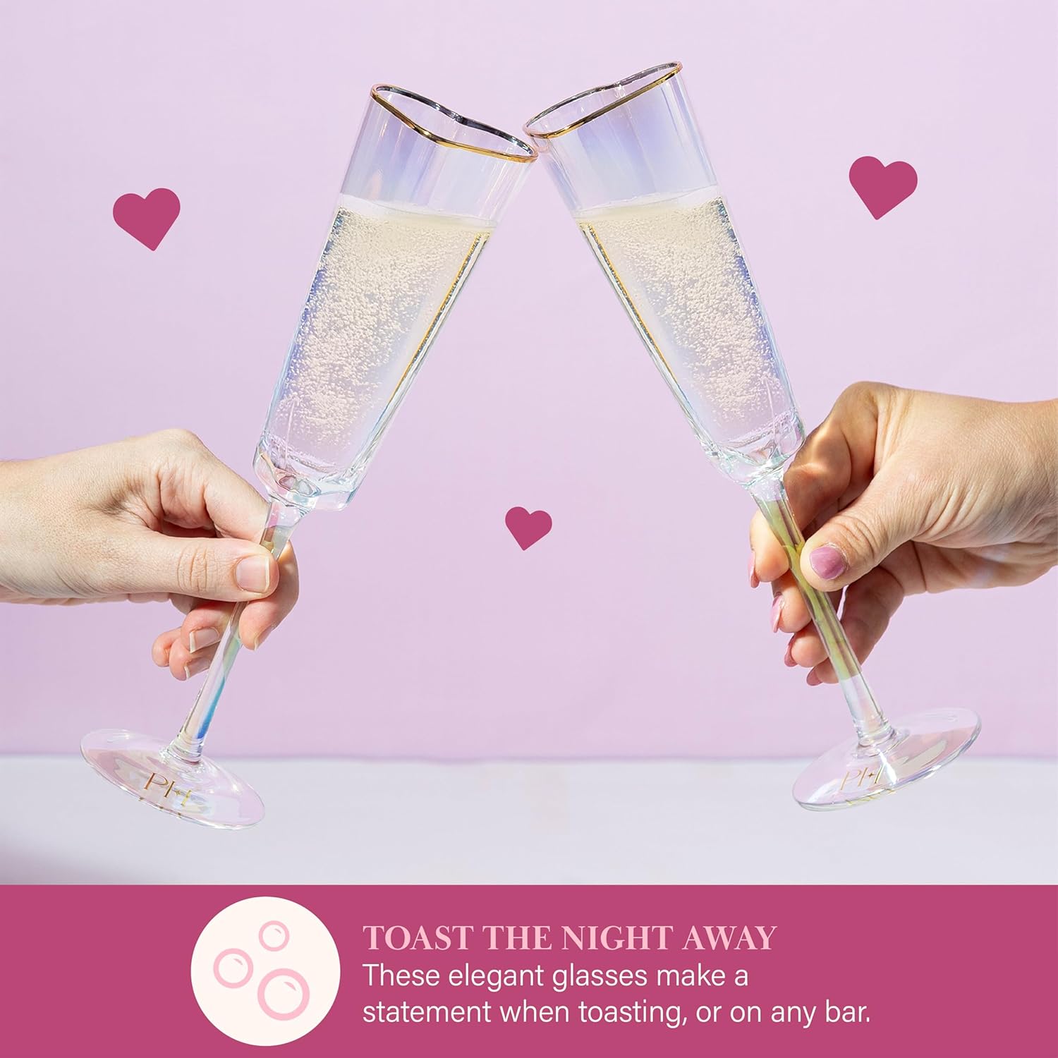 Paris Hilton Heart Shaped Champagne Flute Gift Set, Elegant Handmade Glassware Set, Perfect for Celebrations, Weddings or any Special Occasion, 2-Piece Set, 5.5-Ounce, Iridescent with Gold Rim