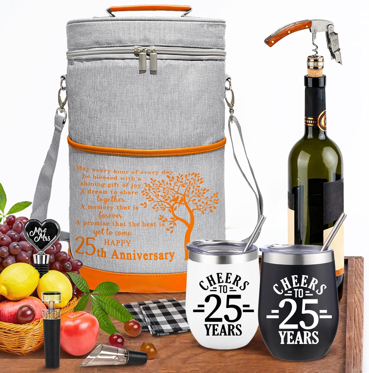 25th Anniversary Wine Cooler Bag Gift for Couples, Wedding Gifts for Parents, Friend, Her, Him, 25 Years Mr. & Mrs Insulated Cooler Tote, Tumbler and Accessories
