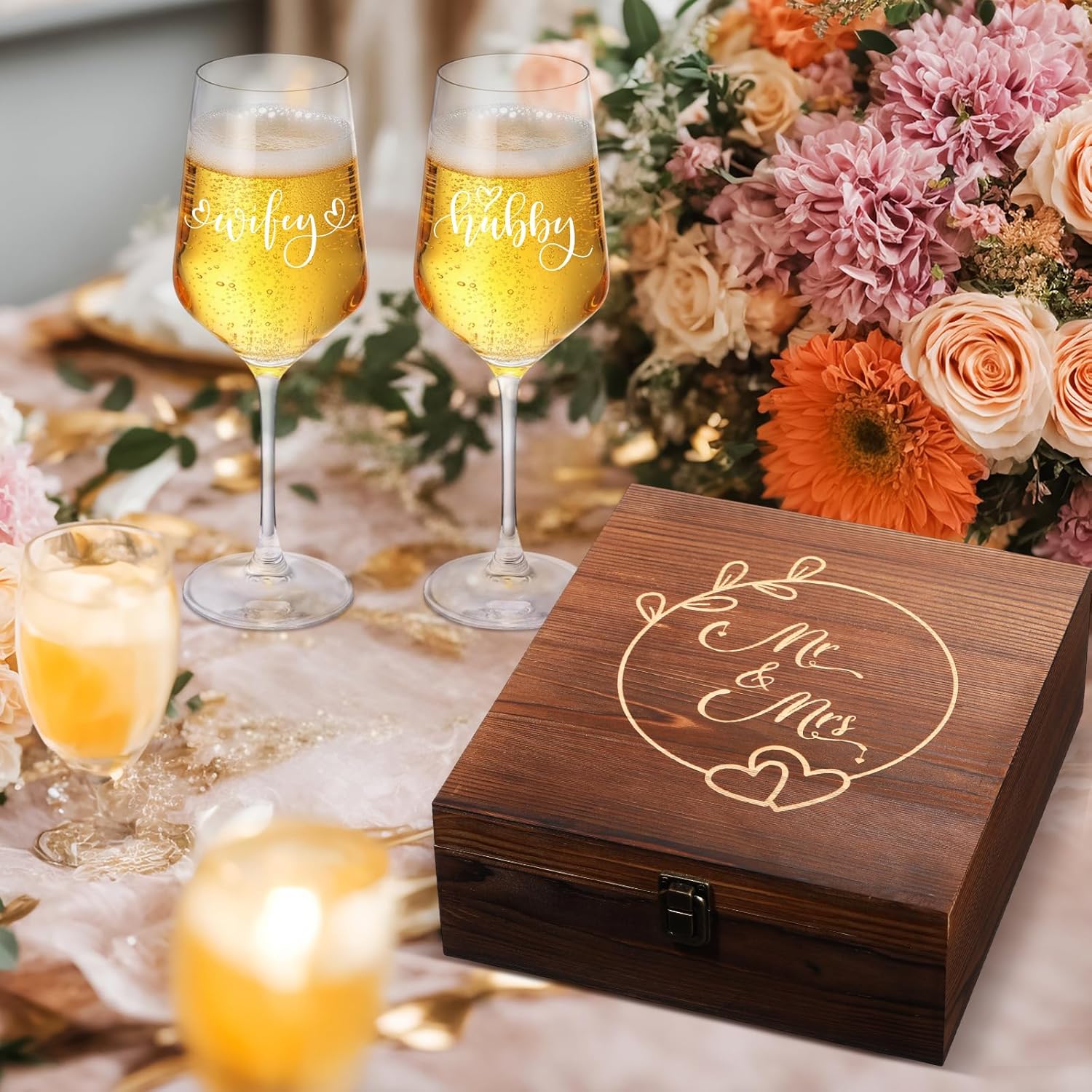 LemonRoad Wedding Gift Newlyweds Champagne Flute Set of 2 Bridal Shower Champagne Glasses Wine Opener Wine Stopper with Engraved Wooden Keepsake Box Engagement Gift for Couples (Hubby & Wifey)