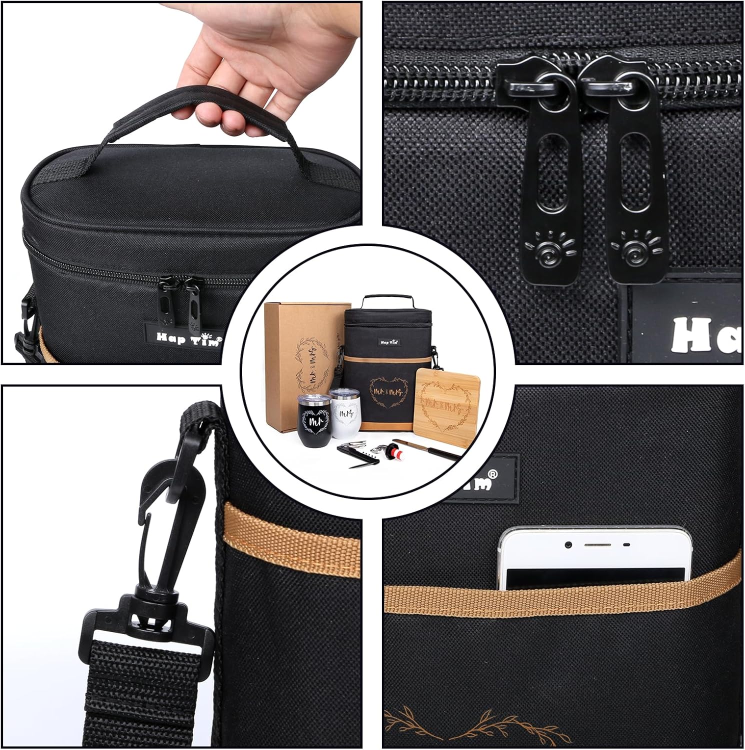 Hap Tim Wedding Gifts for Couples, Bridal Shower Gifts, Engagement Gifts for Newlyweds, Mr and Mrs gifts – Wine Cooler Bag Insulated Wine Carrier Tote with Tumblers, Bamboo Cheese Borad