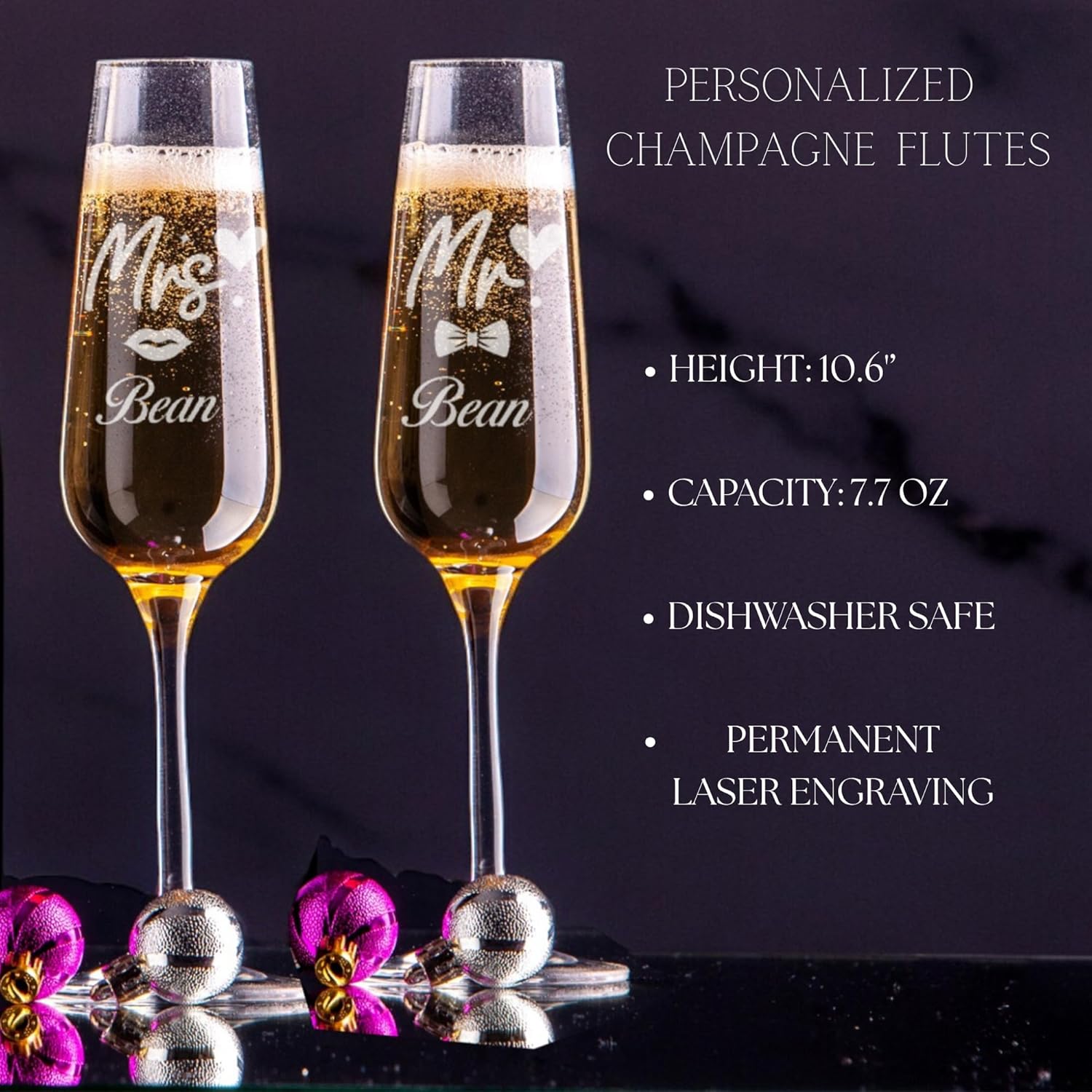 Personalized Wedding Champagne Flutes Set Custom Mr and Mrs Toasting Glasses with Wooden Gift Box Engraved Bride and Groom Glassware for Engagement, Wedding