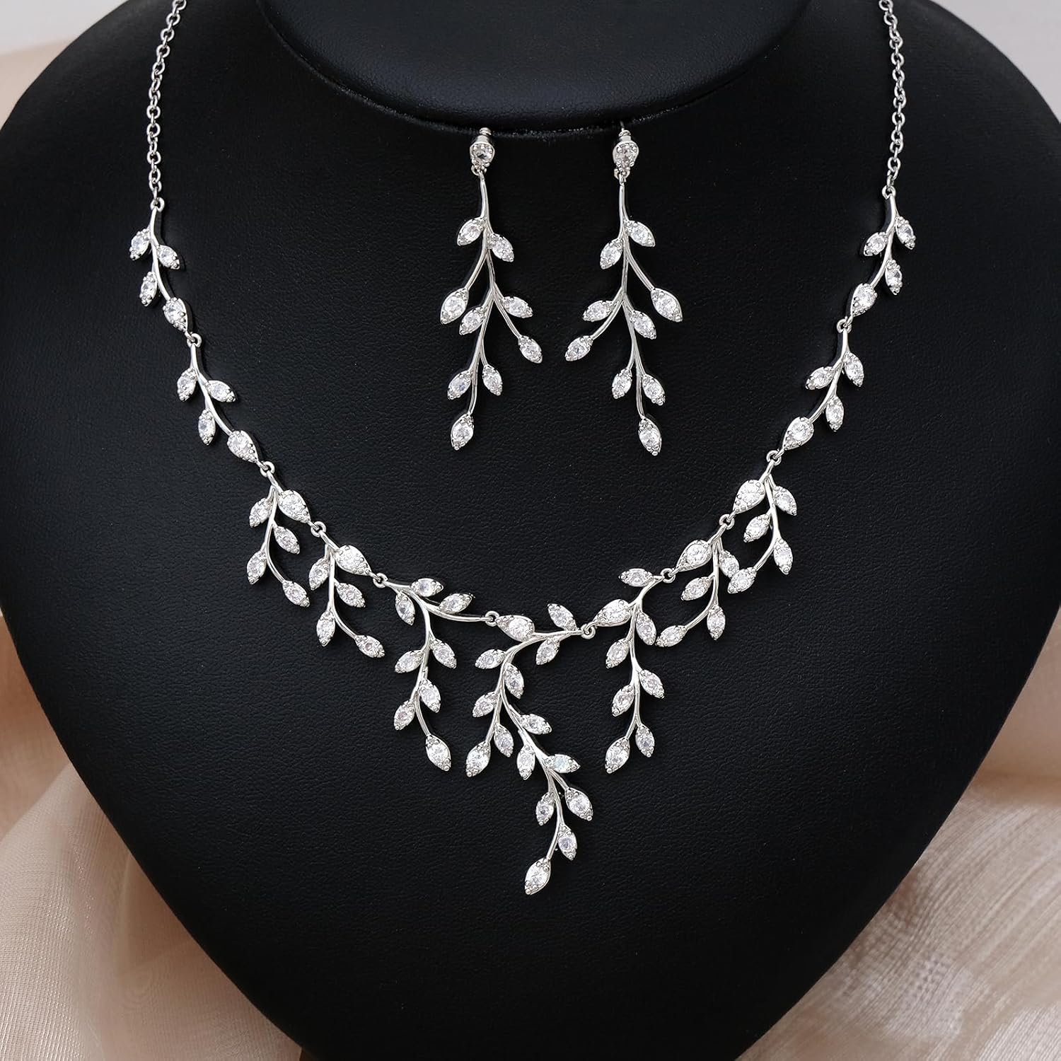 CSY Luxury Bridal Necklace Earrings Bracelet Set Cubic Zirconia Wedding Jewelry for Bride Bridesmaids CZ Plants Vine Platinum Jewelry Set Women