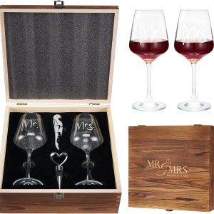 AW BRIDAL Mr Mrs Wine Glasses Set Wedding Gifts for Couples, Engagement Gift for Bride and Groom Newlyweds, Bridal Shower Gifts with Wine Opener Stopper and Engraved Wooden Keepsake Box