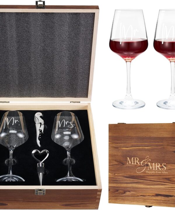 AW BRIDAL Mr Mrs Wine Glasses Set Wedding Gifts for Couples, Engagement Gift for Bride and Groom Newlyweds, Bridal Shower Gifts with Wine Opener Stopper and Engraved Wooden Keepsake Box