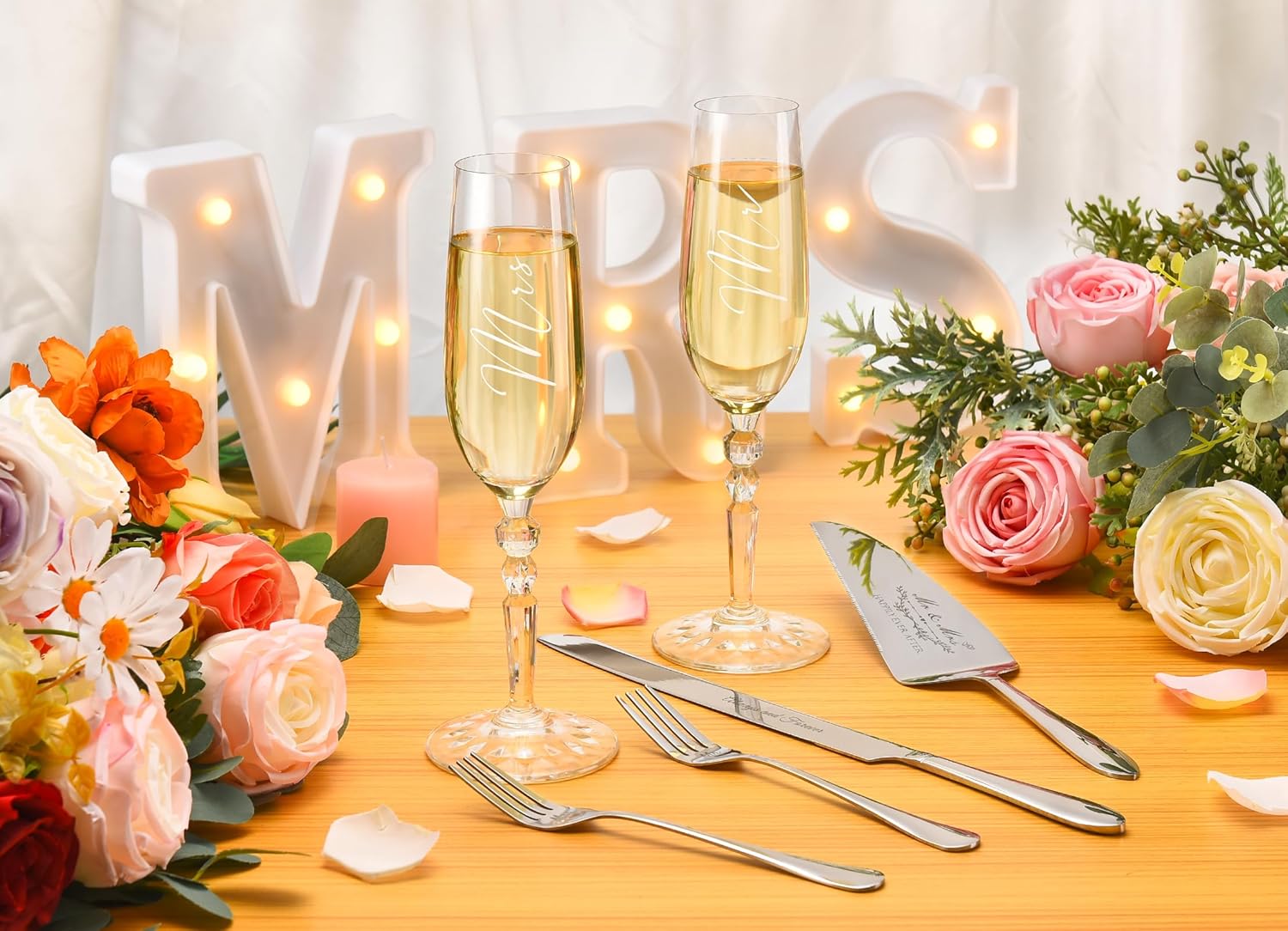 Wedding Cake Knife and Server Set with Forks, Classical Style Crystal Champagne Flutes Toasting Glasses for Bride and Groom, Wedding Gifts for Couples, Engagement and Bridal Shower Gifts