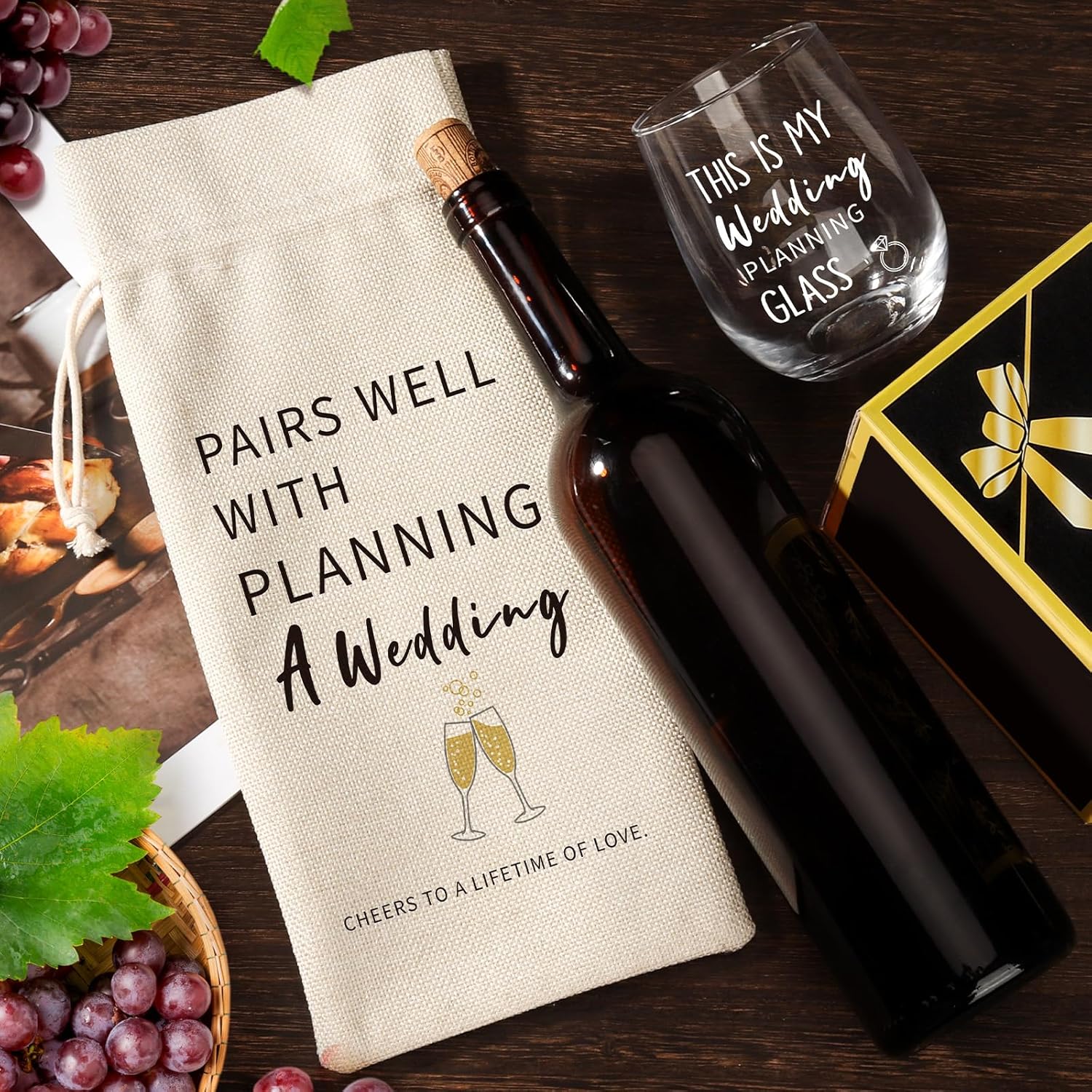 Wedding Engagement Gifts for Couple, Mr & Mrs Gift, Newlywed Wine Bag & Glass Pairs