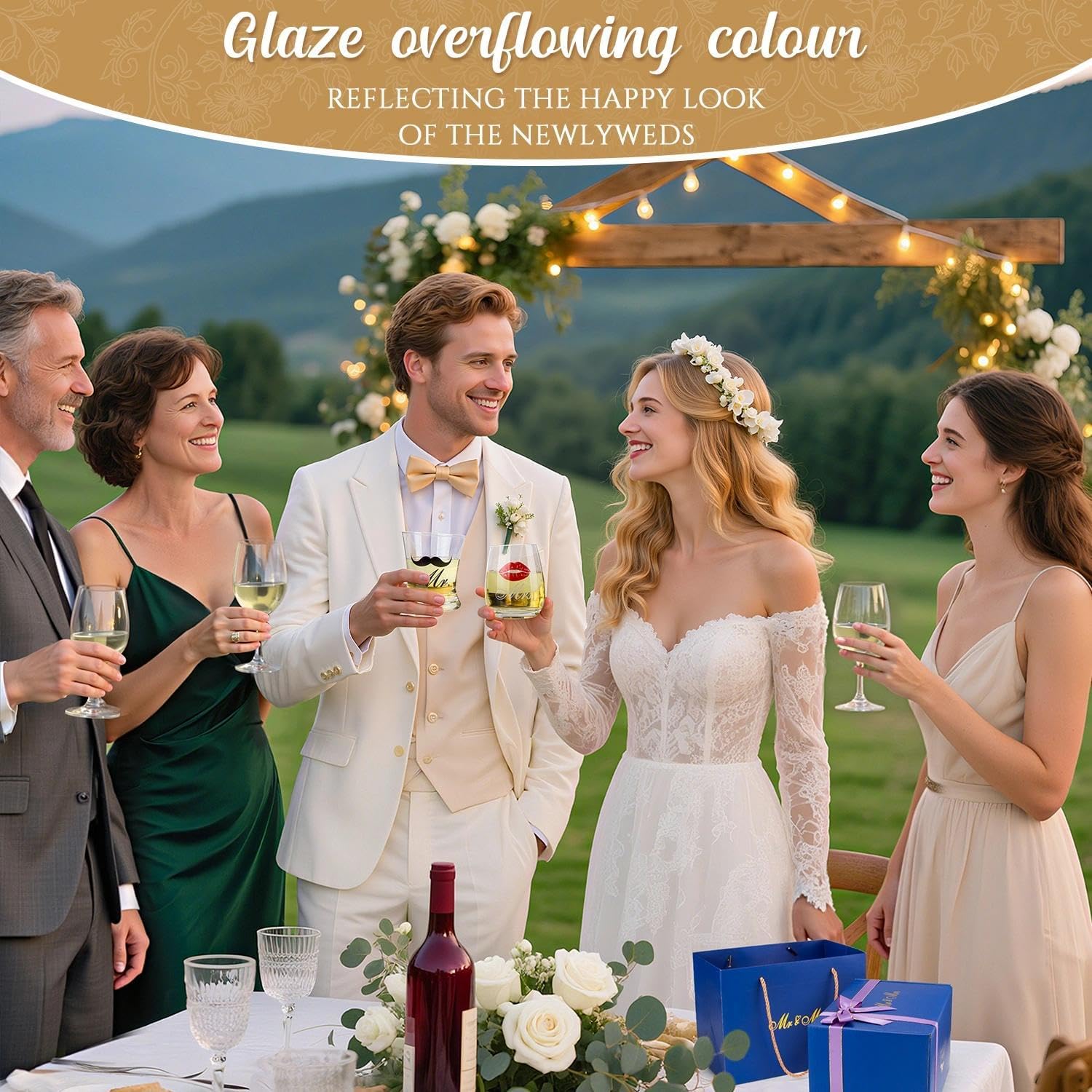 LIGHTEN LIFE Wedding Engagement Gifts for Couples, Bridal Shower Gift for Bride and Groom Newlyweds, Anniversary Mr and Mrs Whiskey Wine Glasses Set with Appron