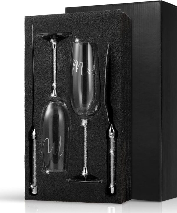 4 Piece Wedding Cake Knife and Champagne Flutes Server Set Mr and Mrs Toasting Flutes Crystal Rhinestone Cake Cutting Set for Bride and Groom Wedding Engagement Bridal Shower Gifts(Silver)