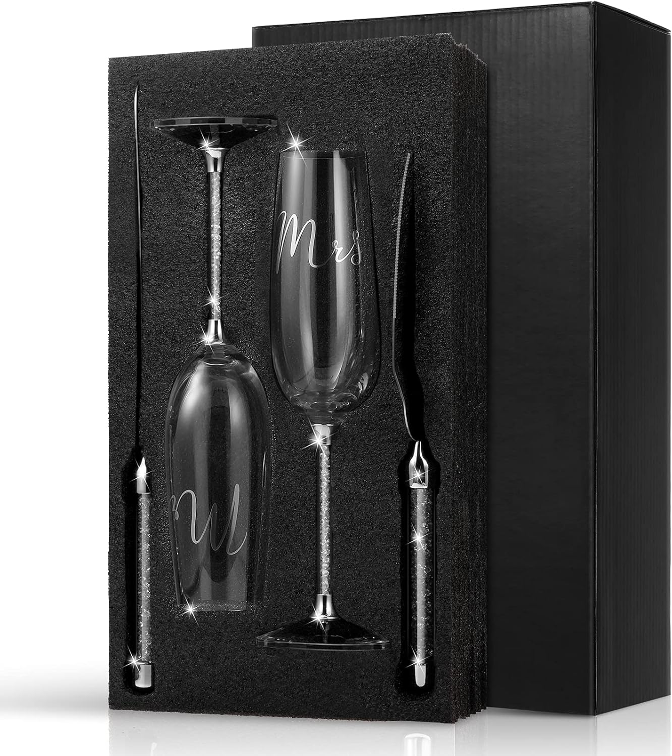 4 Piece Wedding Cake Knife and Champagne Flutes Server Set Mr and Mrs Toasting Flutes Crystal Rhinestone Cake Cutting Set for Bride and Groom Wedding Engagement Bridal Shower Gifts(Silver)