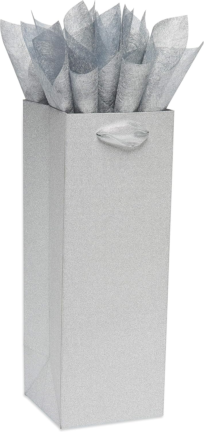 Papyrus 14" Wine Gift Bag with Tissue Paper (Silver Glitter) for Birthdays, Weddings, Bridal Showers and All Occasions (1 Bag, 4-Sheets)