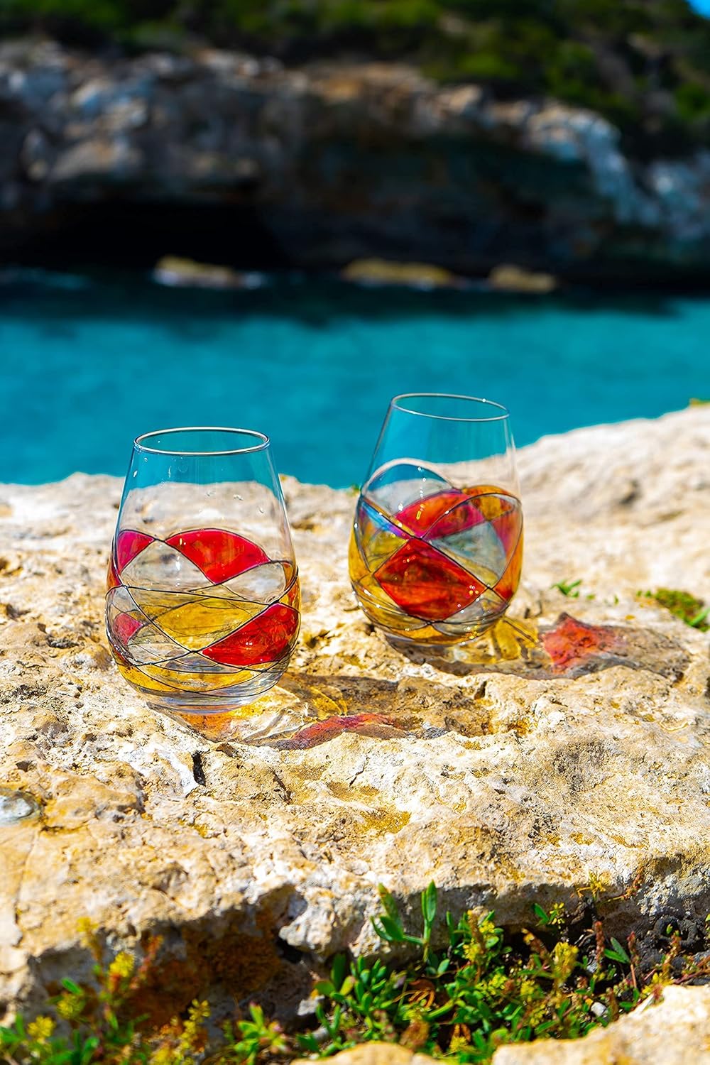 BARCELONA Stemless Wine Glasses HandPainted Set of 1 Unique Wine Gift for Wedding, Anniversary, Housewarming & Christmas Sagrada Familia Style Ideal for Women & Men